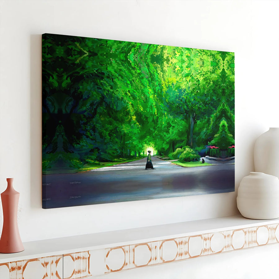 Forest Path Wall Art | Sunlit Tree Walkway with Black Cat | Premium Stretched Gallery Canvas | Nature Lover Home Decor Gift