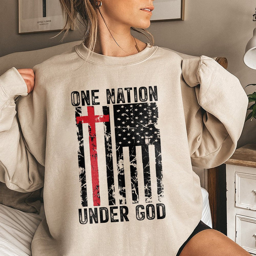 One Nation Under God Sweatshirt | Patriotic American Flag & Cross Design | Premium Cotton Blend | Christian Faith Gift for Men and Women
