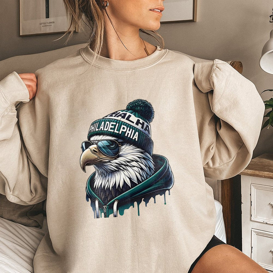 Black Graphic Sweatshirt, Philadelphia Eagle Inspired Cool Bird Design, Soft Cotton Blend, Comfortable Unisex Fit