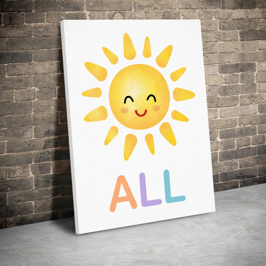 Cute Smiling Sun Wall Art | Watercolor Nursery Decor | 1.25 Inch Premium Canvas | Kids Room Sunshine Print Decor