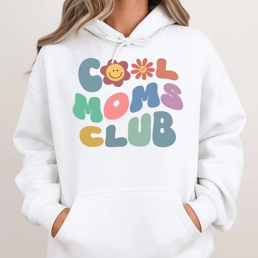 Cool Moms Club Hoodie | Retro Smiley Face Floral Aesthetic | Premium Cotton Blend | Funny Mother's Day 2026 Gift for New Moms and Mom Life Lovers