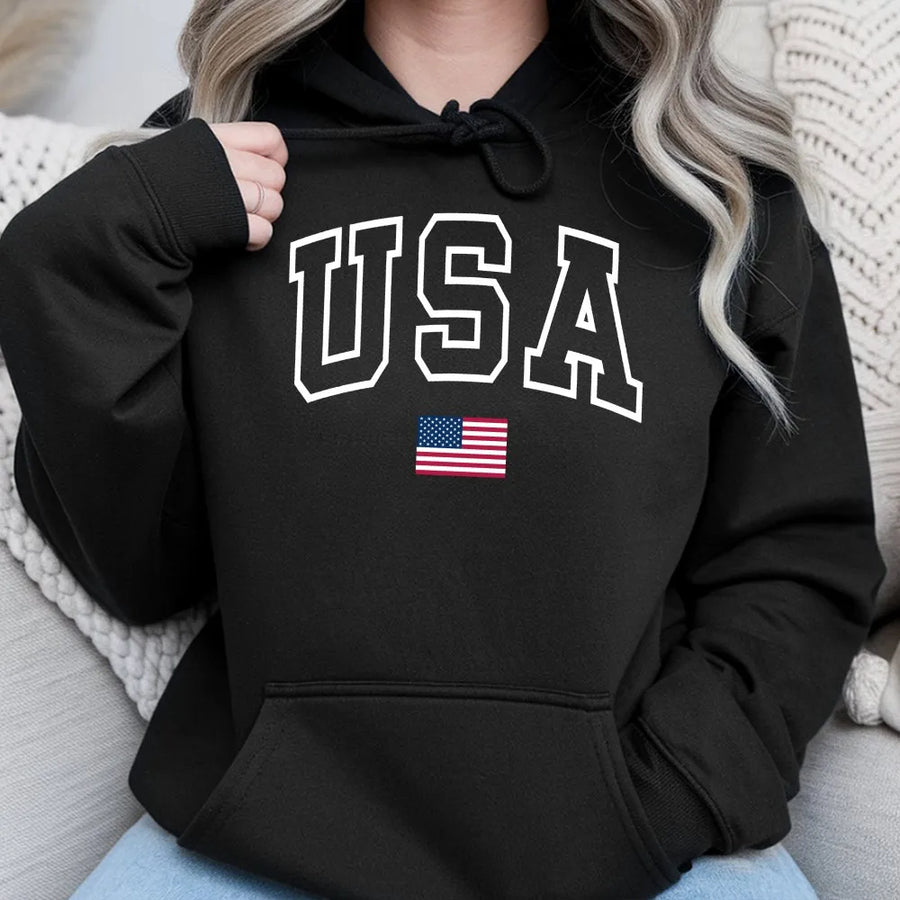 Patriotic USA Flag Hoodie | Retro Collegiate Design | Premium Soft Cotton | Fourth of July Independence Day Gift for Men Women