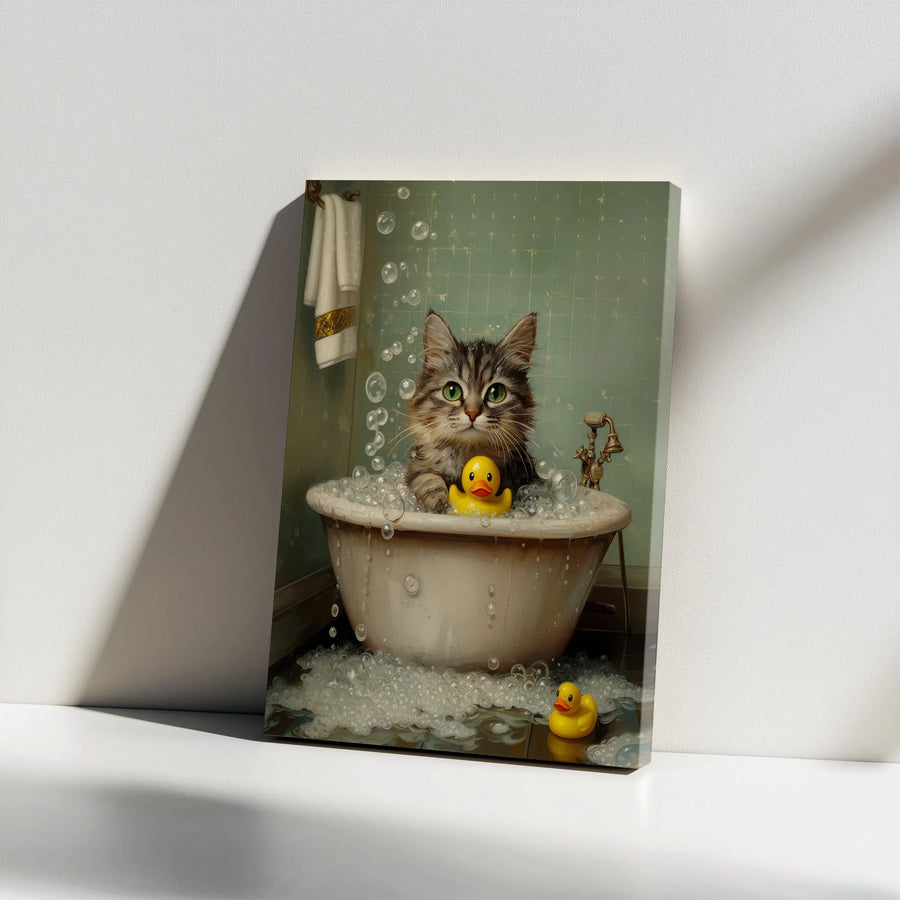 Cute Cat in Bathtub Vertical Canvas | Whimsical Bathroom Art with Rubber Duck | Premium Canvas Print | Gift for Cat Lover & Kids Room Decor
