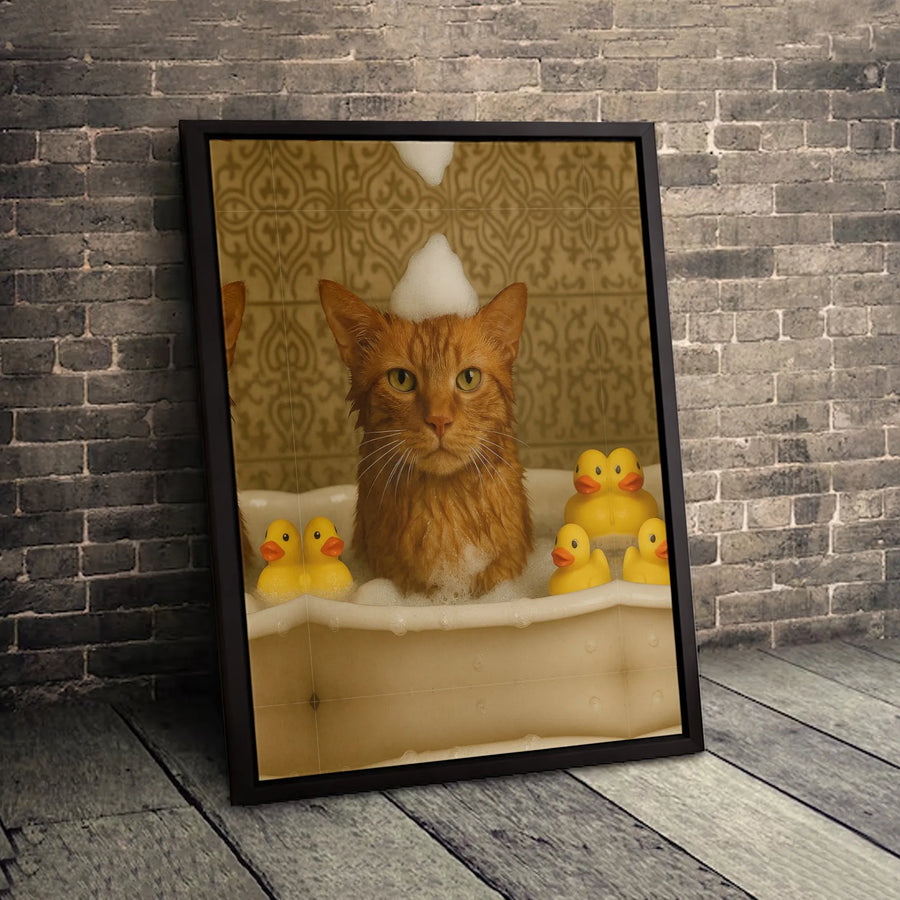Orange Cat In Bubble Bath Canvas Wall Art | Whimsical Ginger Cat With Rubber Ducks Print | Premium Gallery-Wrapped Decor | Unique Gift For Cat Lovers