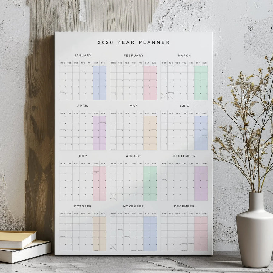 2026 Year Planner Canvas | Minimalist Annual Wall Calendar Print | Gallery Wrap Premium Decor | Ready-to-Hang Office Gift for Productivity