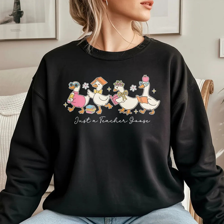 Teacher Goose Sweatshirt | Cute Back to School Geese with Books Design | Soft 100% Cotton | Funny Gift for Educators