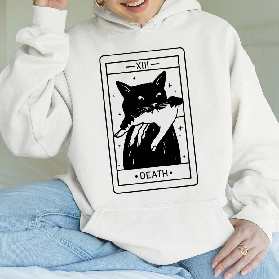 Tarot Card Cat Hoodie | Death Card Occult Graphic | Soft Cotton-Poly Blend | Spooky Witchy Aesthetic Gift for Cat Lovers