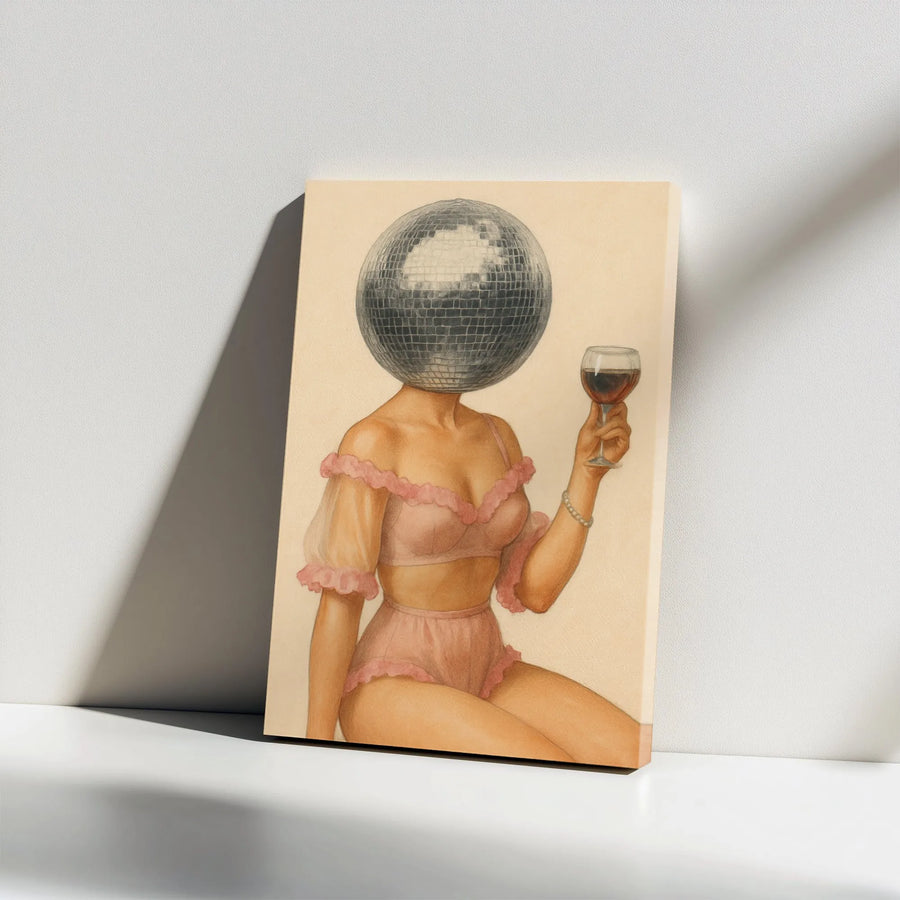 Disco Ball Head Vertical Canvas | Surreal Woman with Wine Glass Art Print | Premium Thick Profile Canvas | Eclectic Bar Cart Decor & Unique Gift