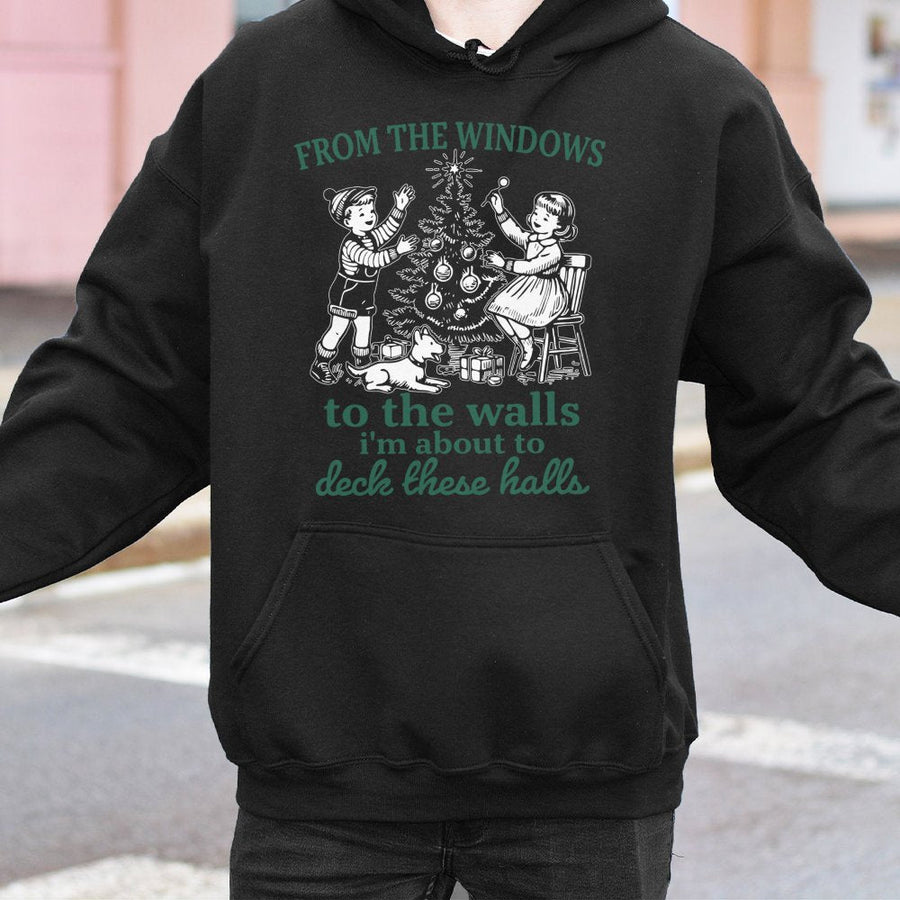 Funny Christmas Hoodie | Retro Holiday Deck The Halls Rap Lyric Graphic | Cotton Blend Unisex Sweatshirt | Gift For Christmas Party Lovers