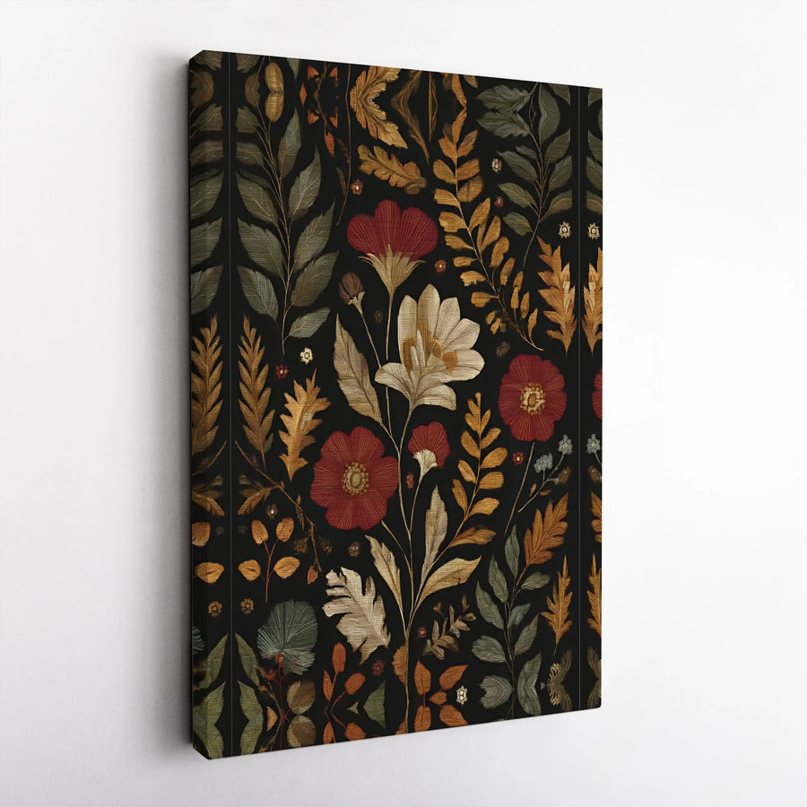 Vintage Botanical Canvas Wall Art | Dark Moody Floral Print with Jacquard Style | Premium Gallery Wrapped Canvas | Boho Farmhouse Home Decor Gift