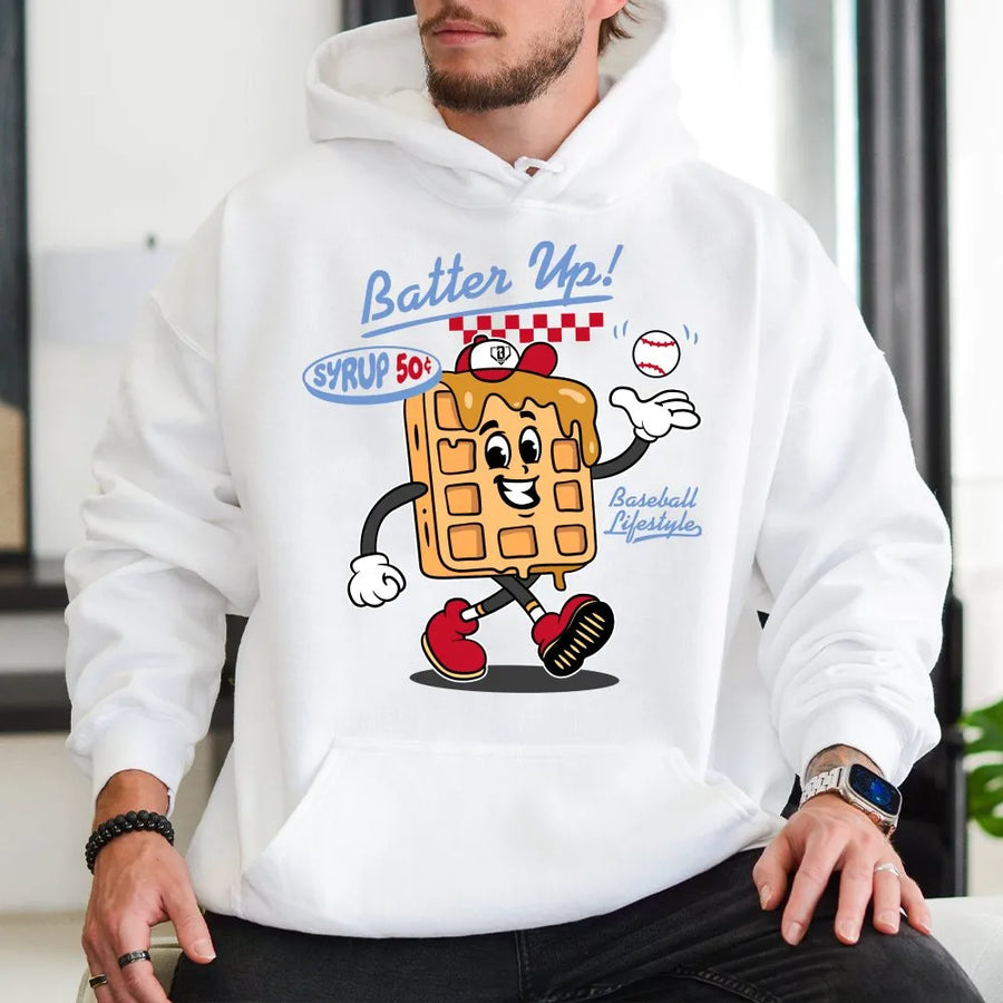 Funny Baseball Hoodie | Retro Waffle Cartoon Character | Soft Cotton Poly Crewneck | Gift for Sports Fan & Baseball Lover