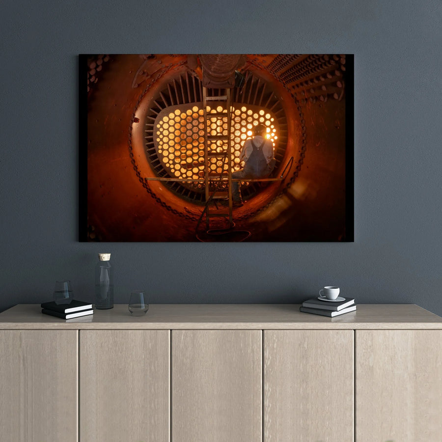 Steam Boiler Worker Canvas Print | Industrial Machinery Photography | 1.25 Inch Gallery Wrap | Large Wall Art Decor for Office or Garage