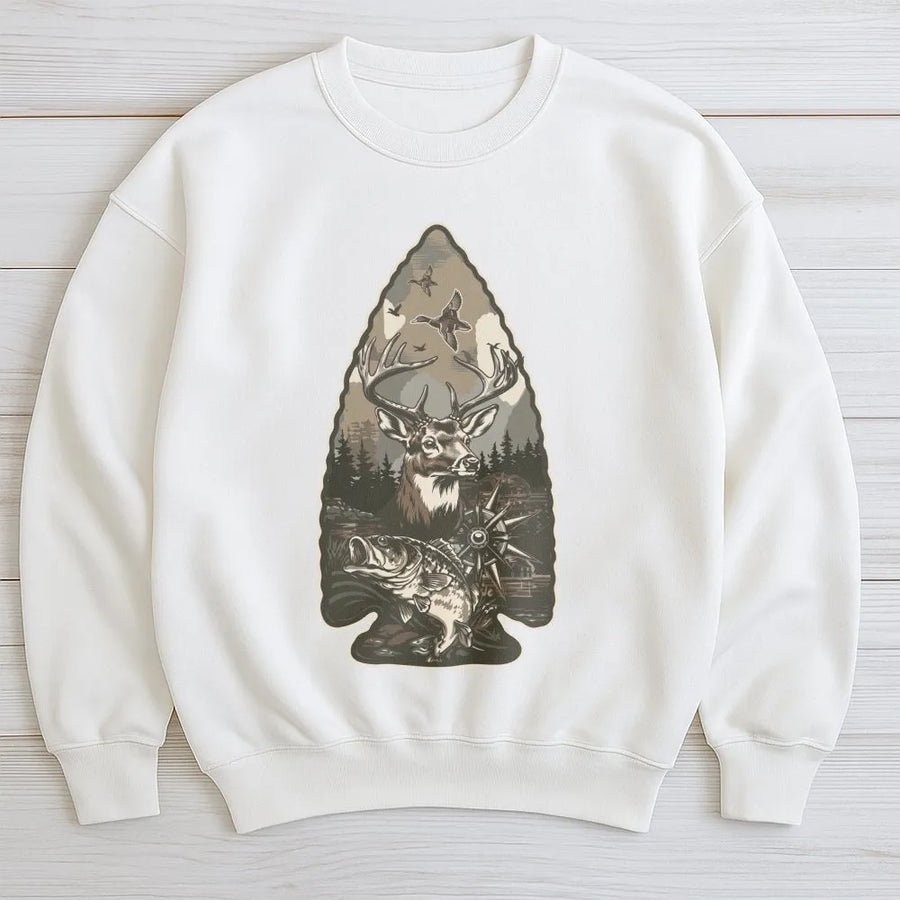 Hunting Season Sweatshirt | Arrowhead Graphic with Deer, Bass & Ducks | Soft Cotton-Blend Sweatshirt | Premium Outdoorsman Gift