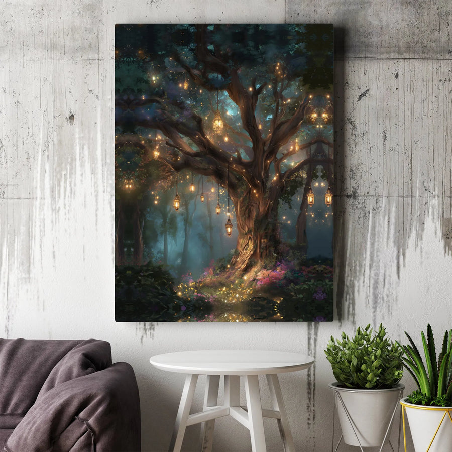 Enchanted Forest Canvas | Magic Tree with Glowing Lanterns | Premium Canvas Print | Fantasy Wall Decor Gift