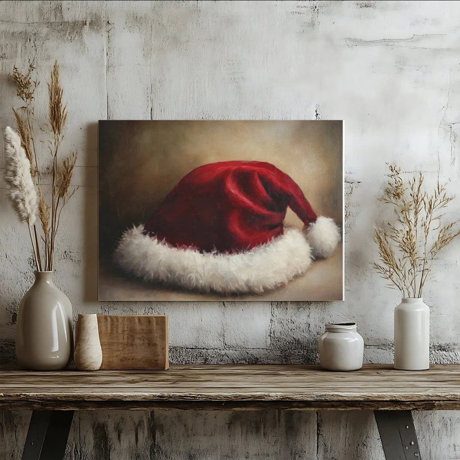 Santa Hat Oil Painting Wall Art | Rustic Vintage Christmas Decor | Premium Gallery Wrap Canvas | Holiday Home Gift For The Festive Season