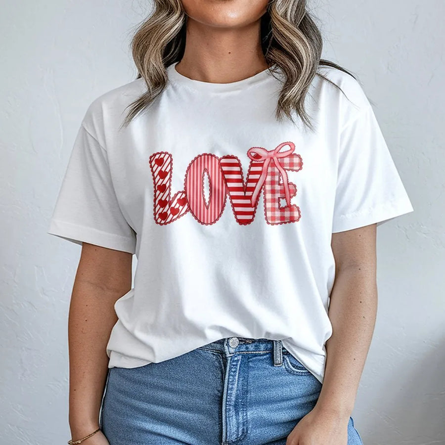 Love Valentine T-Shirt | Cute Coquette Aesthetic Patchwork Heart Gingham Bow Graphic | Premium Soft Cotton | Romantic Gift for Her & Couples