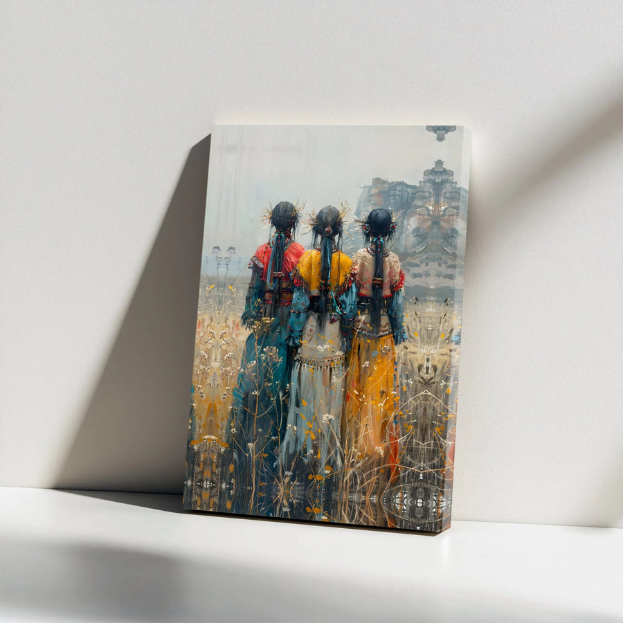 Bohemian Three Sisters Canvas Print | Abstract Folk Art Painting in Wildflower Field | Premium Gallery Wrapped Canvas | Boho Wall Decor for Living Room Gift