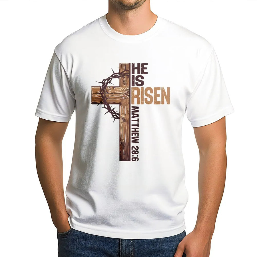 He Is Risen T-Shirt | Wooden Cross & Crown Of Thorns Graphic | Premium Soft Cotton | Christian Easter Gift for Faith & Religious Believers