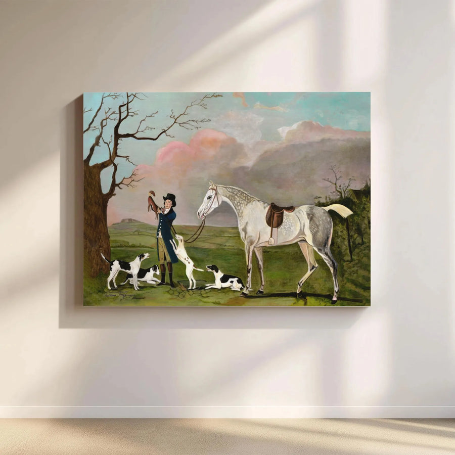 Equestrian Wall Art Canvas | Vintage Hunter Horse And Hounds Painting | Premium Gallery Wrap Print | Classic Farmhouse Home Decor