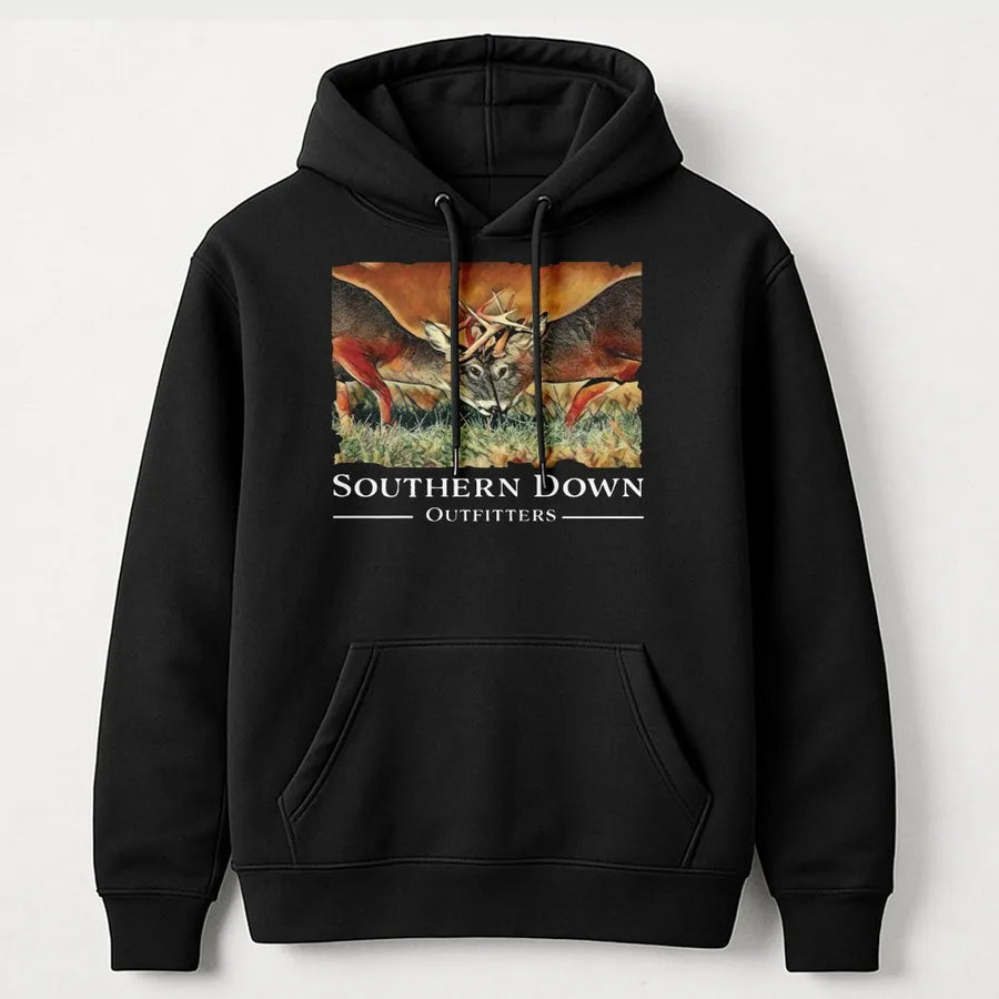 Deer Hunting Hoodie | Fighting Bucks Wildlife Graphic | Premium Cotton Blend Sweatshirt | Gift for Hunters and Outdoorsmen
