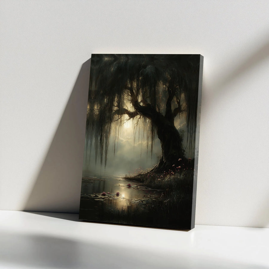 Weeping Willow Canvas Art | Misty Swamp Landscape with Water Lilies | Premium Fade-Resistant Print | Gothic Home Decor Gift