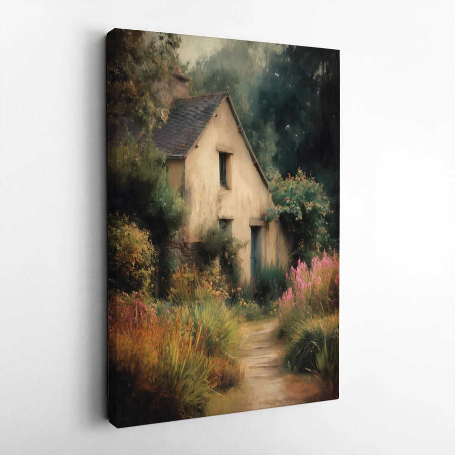 Rustic Cottage Vertical Canvas | Vintage Impressionist Garden Painting | Premium Gallery Wrapped Canvas | Farmhouse Living Room Decor Gift