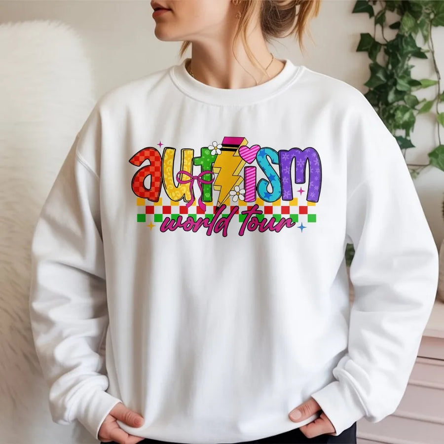 Autism Awareness Sweatshirt | Colorful Retro World Tour Graphic | Soft Cotton Blend Crewneck | Neurodiversity Acceptance Gift for Mom Teacher