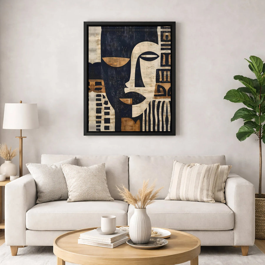 Abstract Cubist Face Canvas Art | Geometric Tribal Patterns in Black and Gold | Premium Gallery Wrap Print | Modern Home Decor Gift