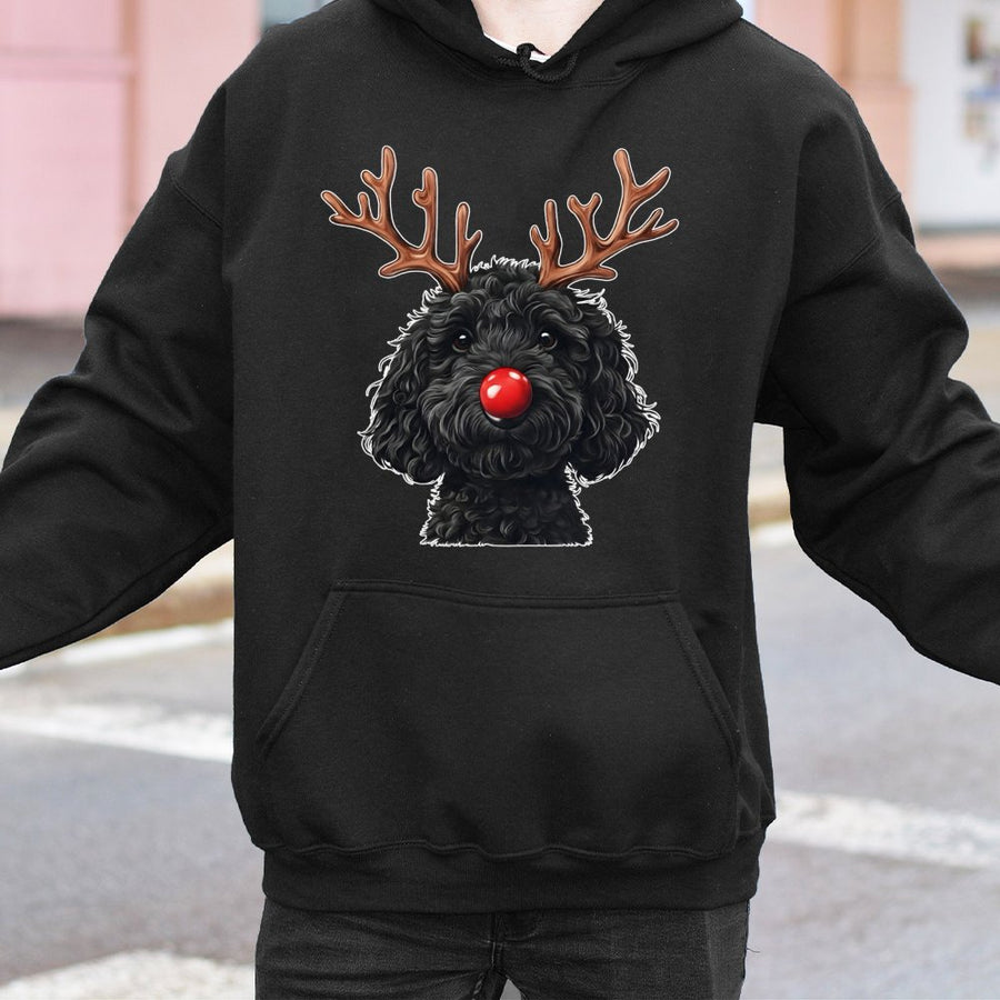 Goldendoodle Christmas Hoodie | Reindeer Antlers Red Nose Graphic | Premium Cotton Blend | Funny Dog Mom Holiday Gift For Doodle Lovers