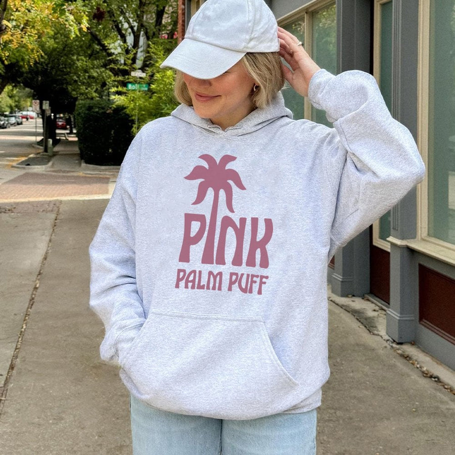 Pink Palm Puff Graphic Hoodie | Tropical Palm Tree Aesthetic Design | Premium Cotton-Poly Blend | Cozy Unisex Streetwear Gift for Her