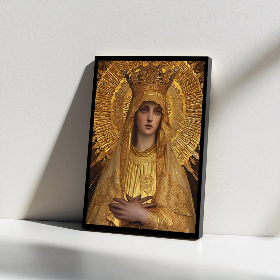 Virgin Mary Wall Art | Golden Crowned Madonna Portrait | Premium Gallery Wrapped Canvas | Religious Home Decor Gift