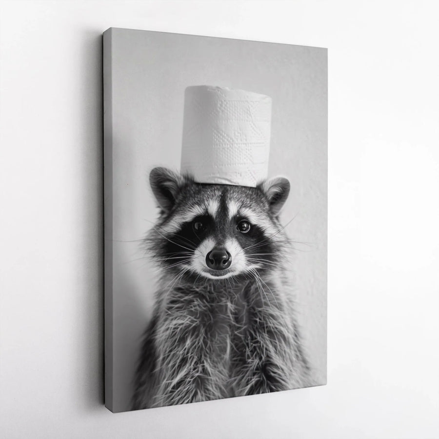 Raccoon Wall Art | Funny Toilet Paper Hat Animal Portrait | Premium Gallery Wrapped Canvas | Bathroom Decor Gift for Animal Lovers