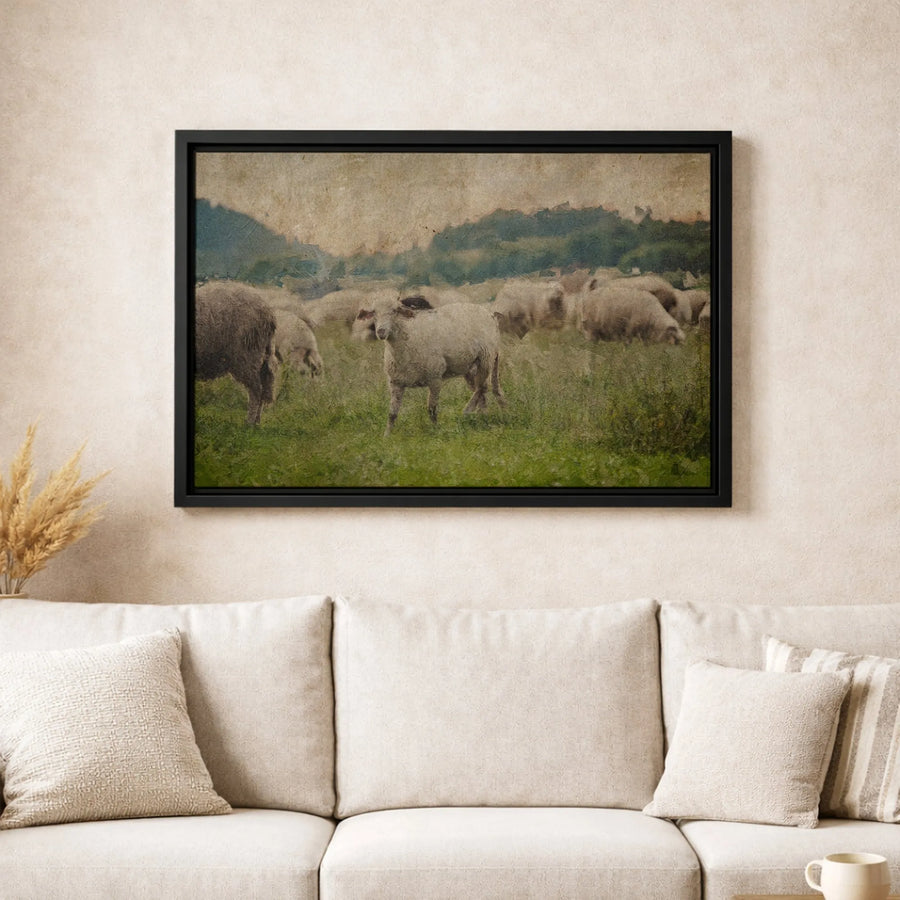 Sheep Grazing Pasture Canvas Art | Vintage Pastoral Landscape Print | Premium Gallery-Wrapped Quality | Countryside Farmhouse Home Decor