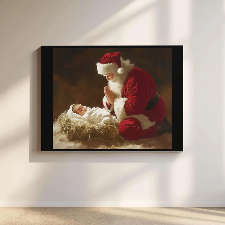 Santa Praying at Manger Canvas Print | Religious Christmas Nativity Wall Art | Gallery Wrapped Premium Canvas | Spiritual Holiday Home Decor Gift