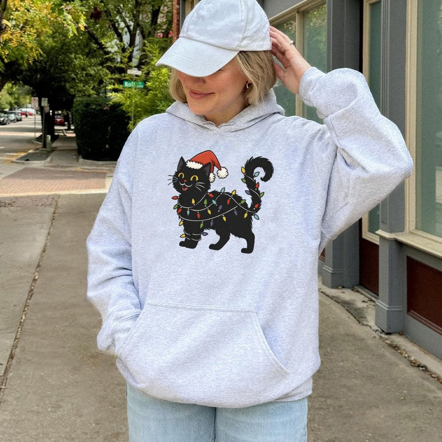 Black Cat Christmas Hoodie | Festive Holiday Kitten With String Lights | Soft Cotton-Blend Pullover | Cute Winter Gift For Cat Lovers