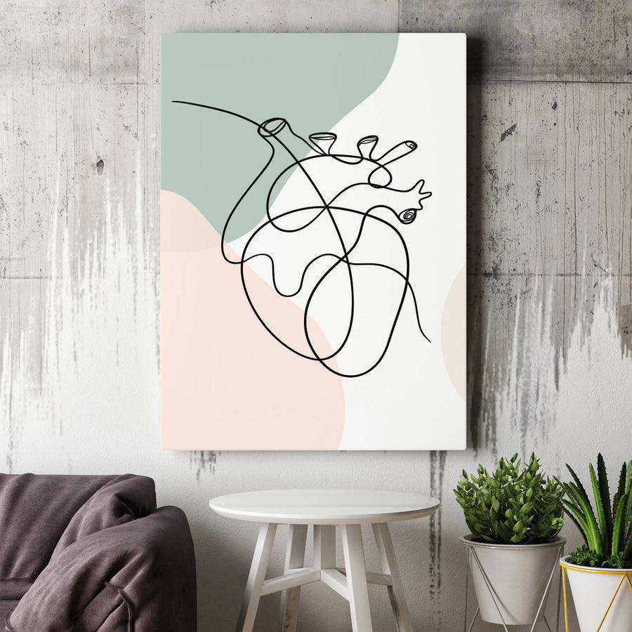 Anatomical Heart Wall Art | Minimalist One Line Drawing | Premium Fade-Resistant Canvas | Modern Sage and Blush Home Decor Gift