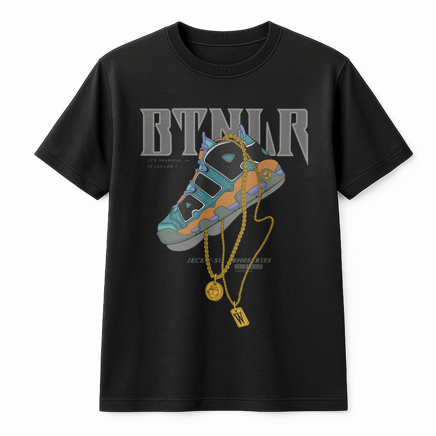 Streetwear Graphic T-Shirt | High-Top Sneaker & Gold Chain Print | Premium Cotton Crewneck | Urban Fashion Gift for Sneakerheads