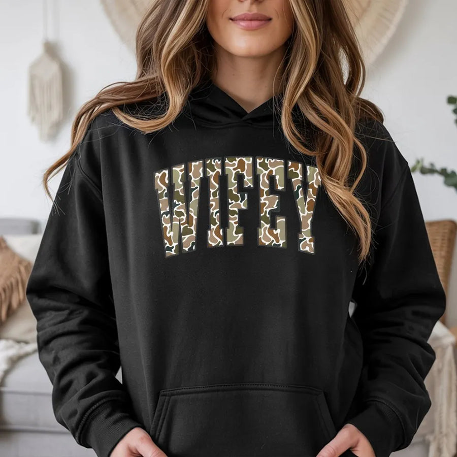Camo Wifey Hoodie | Hunting Camouflage Graphic Pullover | Premium Cotton Blend | Anniversary Gift for Wife, Country Girl