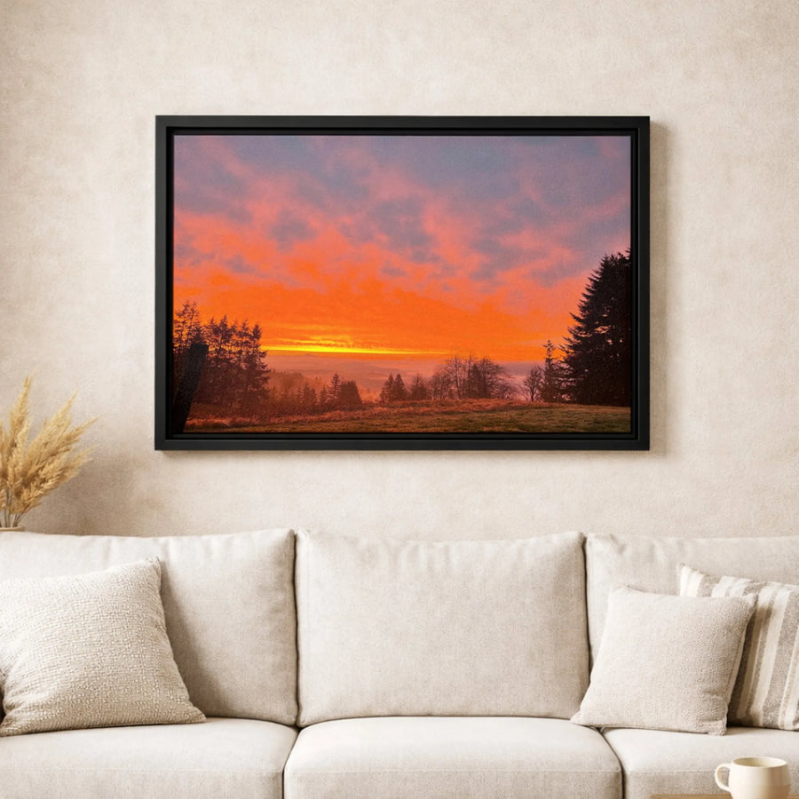 Fiery Orange Sunset Landscape Canvas | Misty Forest Valley Wall Art | 1.25 Inch Premium Gallery Wrap | Modern Home Decor Gift