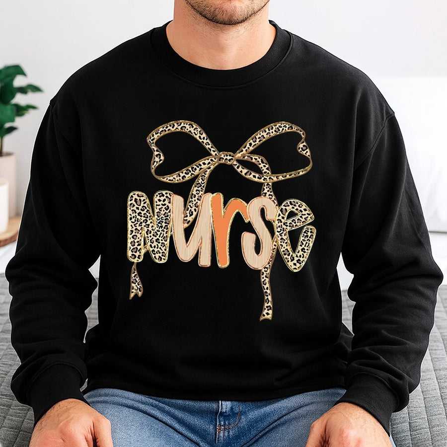 Nurse Sweatshirt | Preppy Leopard Bow Graphic | Premium Cotton Blend | Cute Nursing Student Graduation Gift Idea for Women