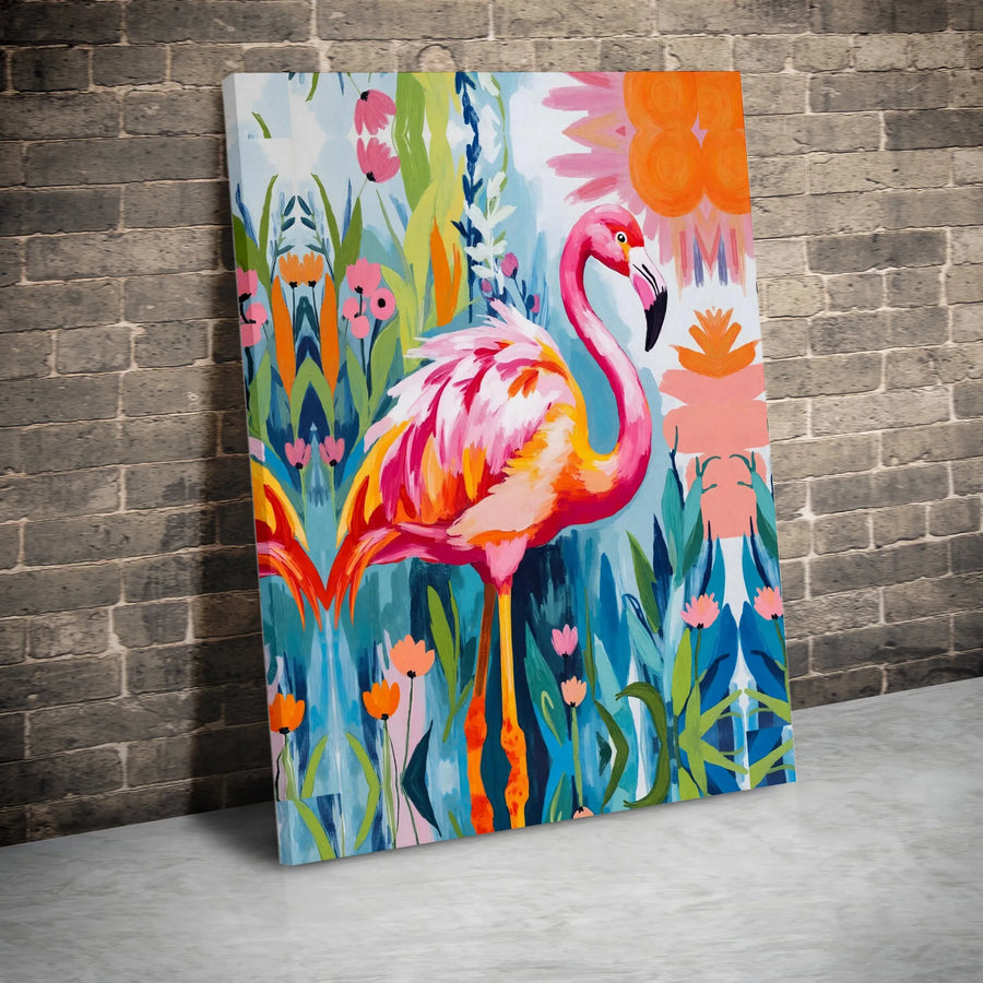 Colorful Flamingo Canvas Wall Art | Tropical Garden Bird Painting | Premium 1.25-Inch Gallery Wrap | Modern Home Decor Gift