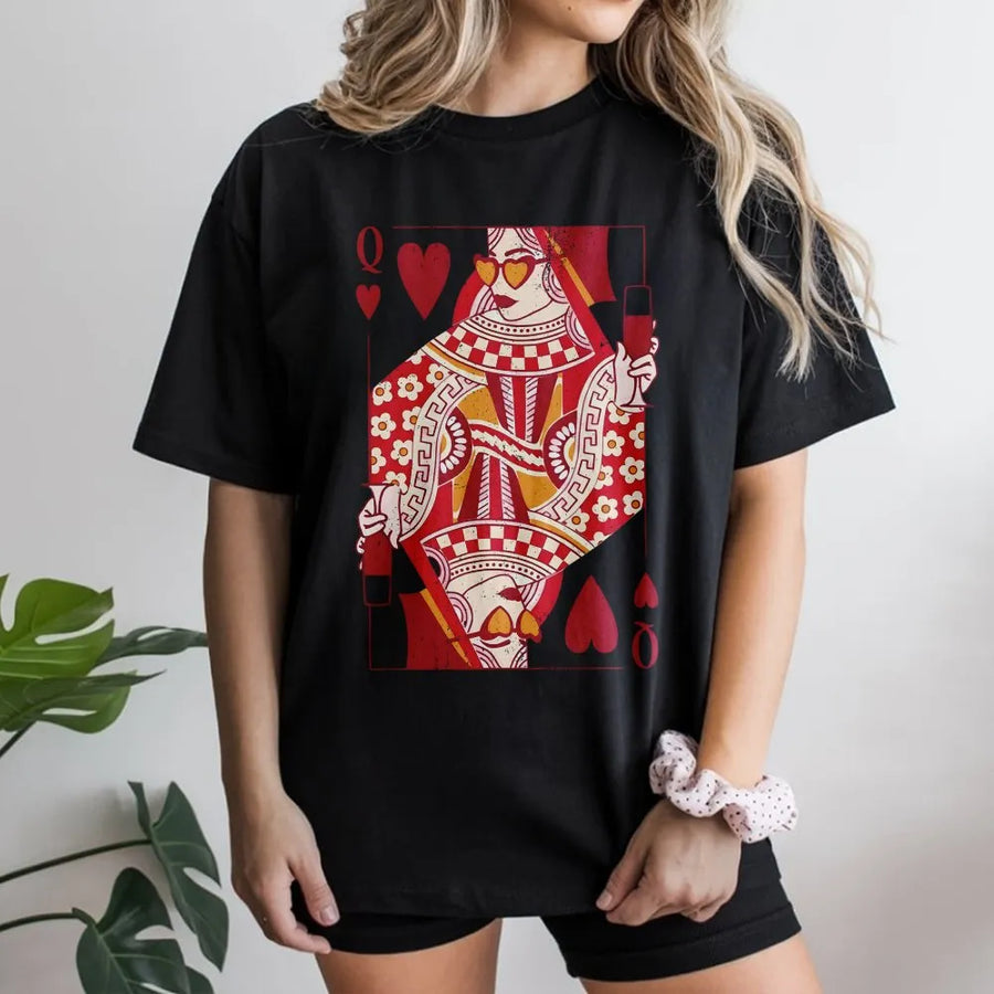 Queen Of Hearts Playing Card T-Shirt | Retro Graphic Wine Lover Design | Premium Soft Cotton Tee | Unique Gift For Her, Valentines Day, Mom