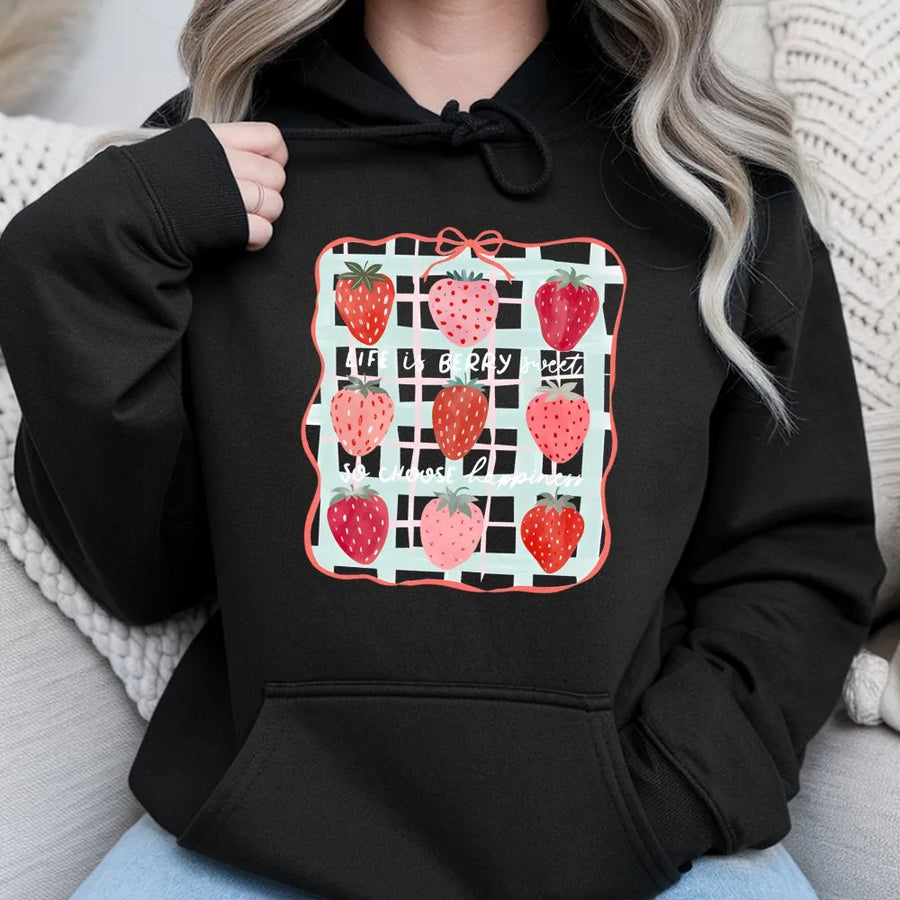 Life Is Berry Sweet Strawberry Hoodie | Coquette Aesthetic Fruit Graphic | Soft Cotton-Blend Fleece | Trendy Cottagecore Gift for Her