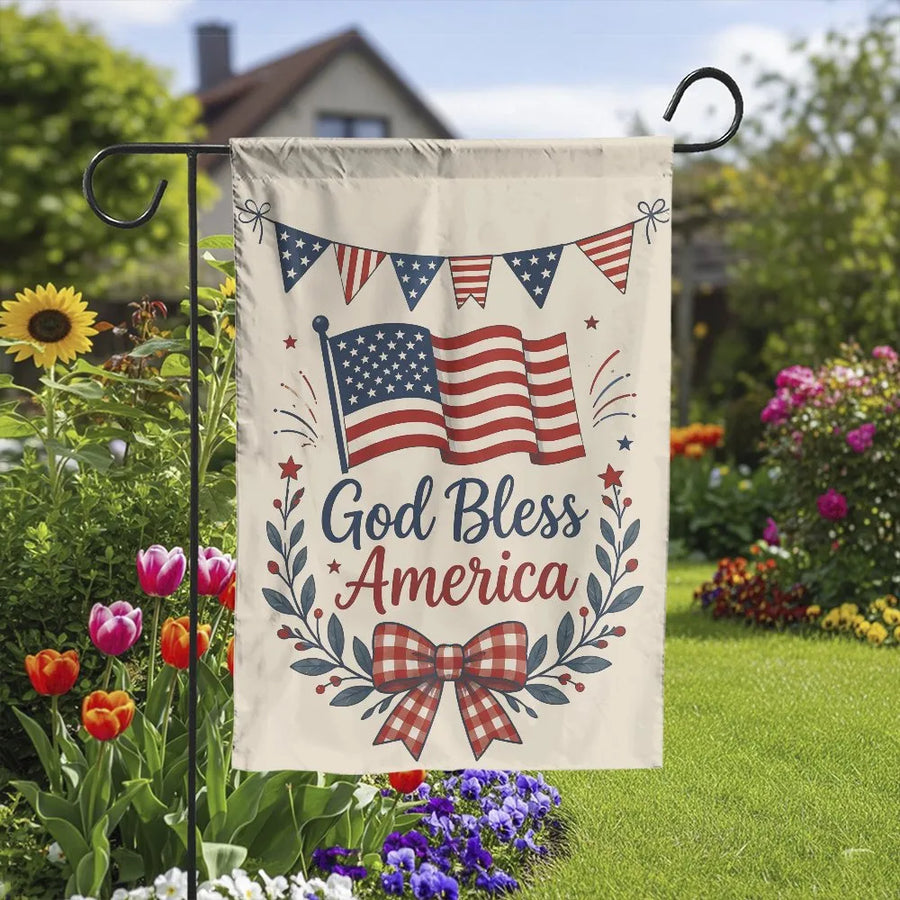 Patriotic God Bless America Garden Flag | Double Sided Rustic American Flag with Plaid Bow | Weather-Resistant Polyester | Outdoor July 4th Yard Decor