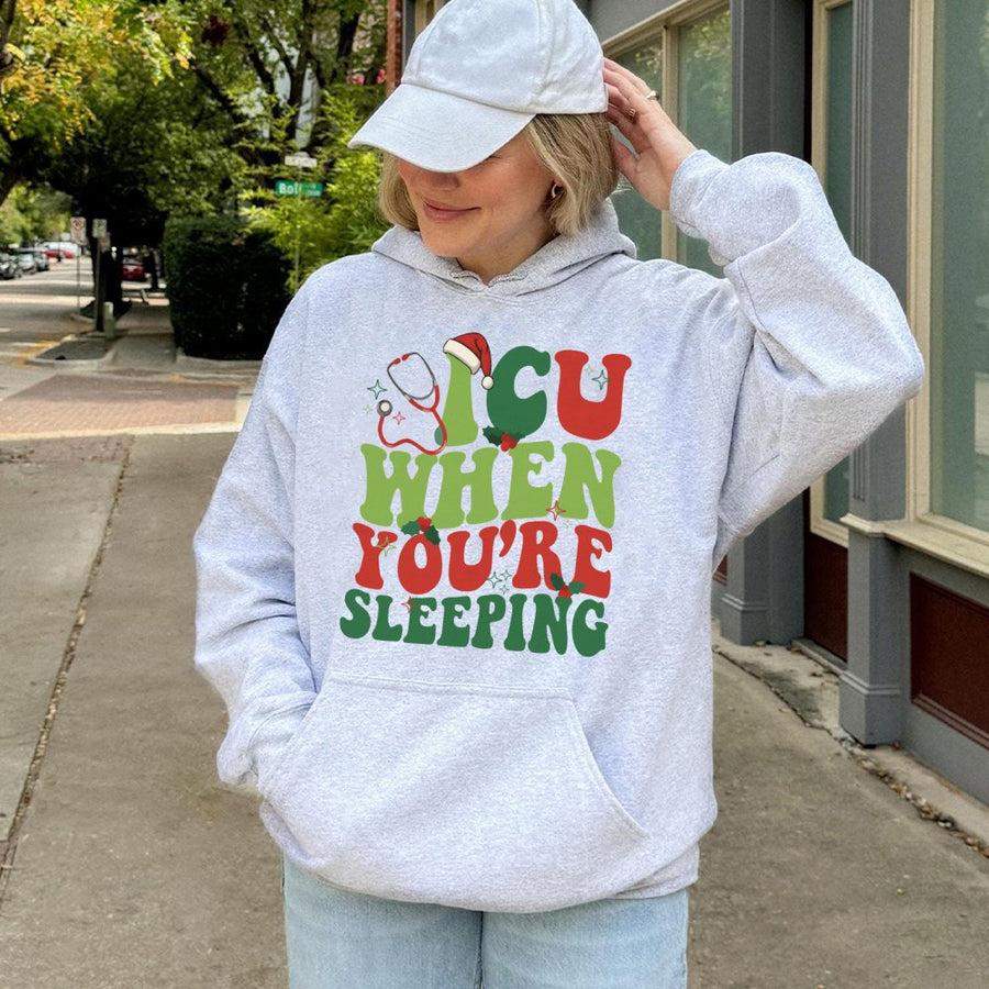 ICU Nurse Christmas Hoodie | Funny Medical Holiday Sweatshirt | Soft Cotton-Poly Blend | Cute Gift for RN or Nursing Student