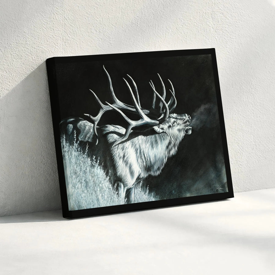 Bugling Elk Canvas Wall Art | Dramatic Black & White Wildlife Portrait | Premium Gallery Wrapped Canvas | Rustic Cabin Decor & Gift for Hunter