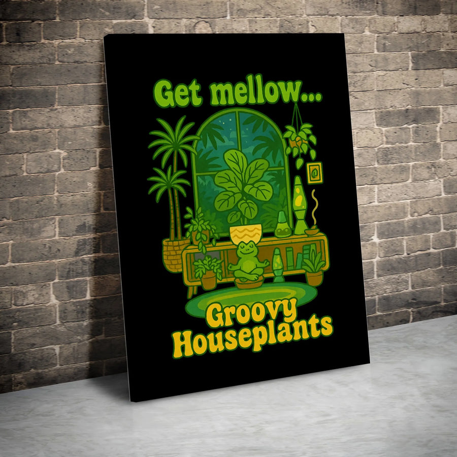 Groovy Houseplants Canvas Wall Art | 70s Psychedelic Botanical Print with Meditating Frog | Premium Fade-Resistant Print | Stoner Room Decor Gift for Plant Lovers