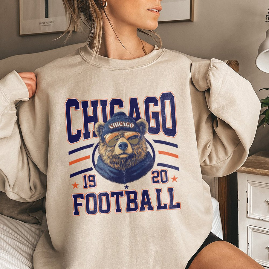 Chicago 19 20 Football With Cool Bear Wearing Beanie And Sunglasses Sweatshirt