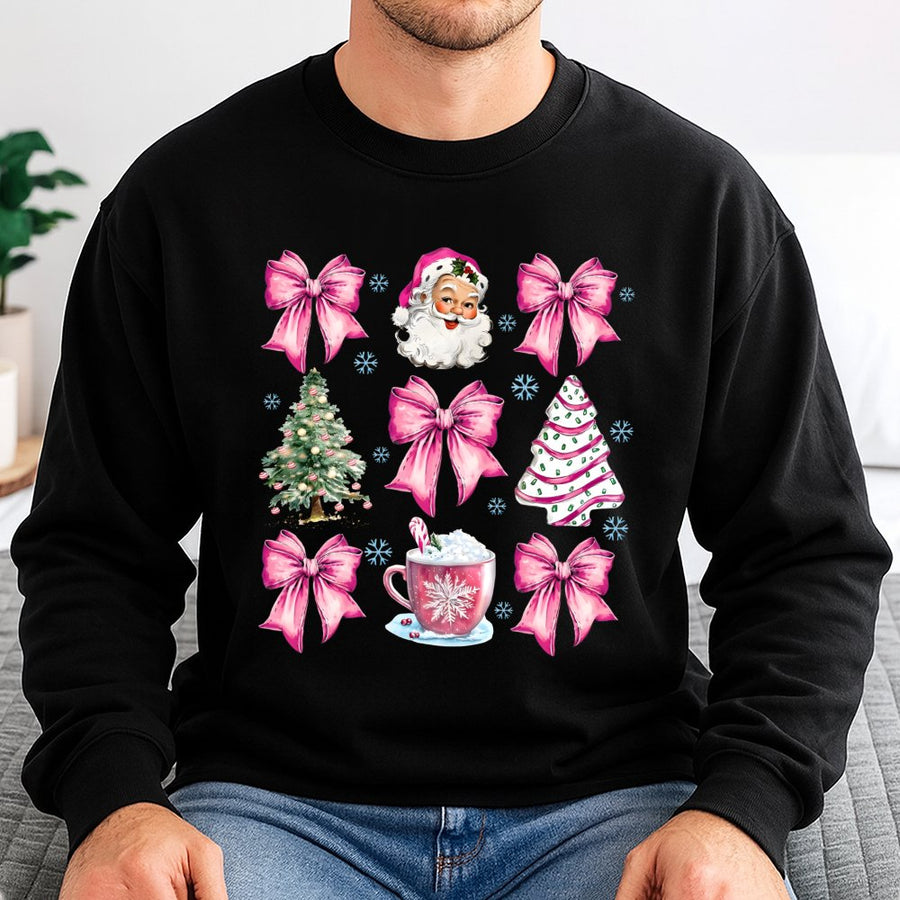 Pink Santa Christmas Sweatshirt | Cute Coquette Aesthetic Bow Design | Soft Cotton Blend | Holiday Gift For Women