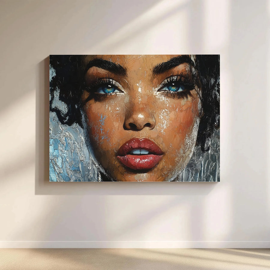 Abstract Black Woman Portrait Canvas | Striking Blue Eyes Impasto Art | 1.25 Inch Gallery Wrap | Modern Home Office Decor Gift